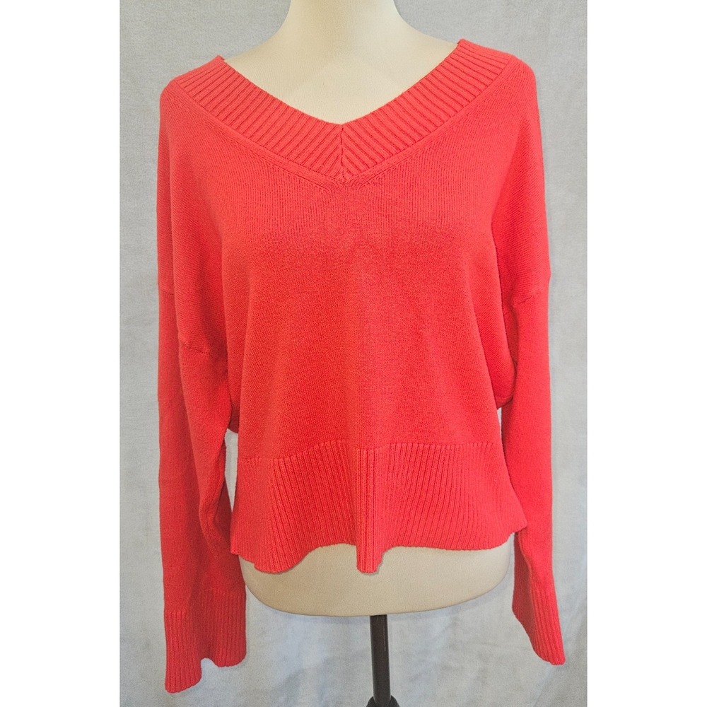 Rachel Zoe Coral Red V-Neck Sweater Medium M‎ Viscose Blend Knit Slouchy Ribbed
